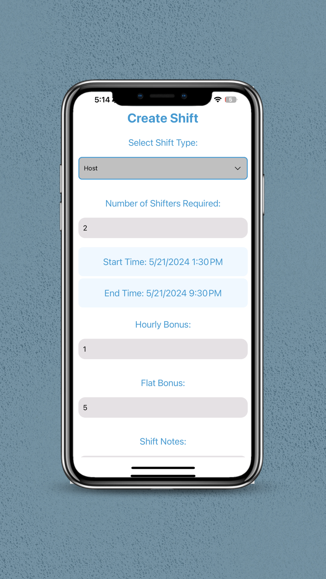 Create shift screen