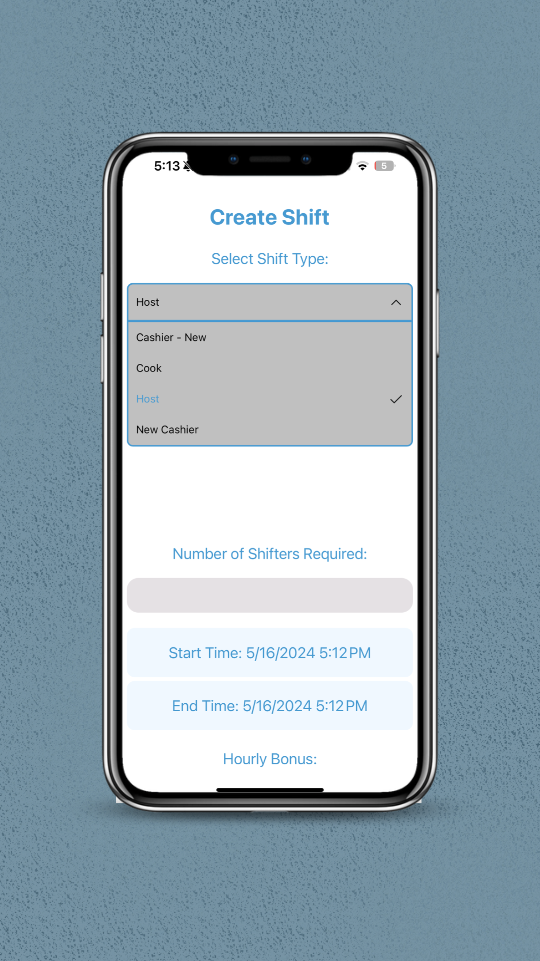 Shift type dropdown screen